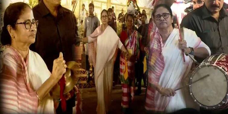 Durga Puja 2022 Mamata Banerjee beats instruments and breaks a leg during carnival Mamata Banerjee : কখনও কাঁসর, কখনও ঢাক, কখনও আবার মাতলেন নাচে, কার্নিভালে অন্য মুডে মুখ্যমন্ত্রী