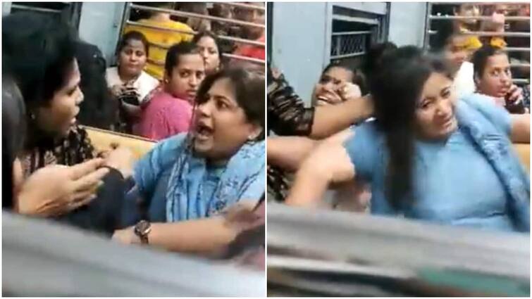 Women fight fiercely for seat in Mumbai local ਸੀਟ ਨੂੰ ਲੈ ਕੇ ਔਰਤਾਂ 'ਚ ਹੋਈ ਲੜਾਈ, ਰੱਜ ਕੇ ਚੱਲੇ ਘਸੁੰਨ-ਮੁੱਕੇ... ਵਾਲ ਫੜ-ਫੜ ਖਿੱਚਿਆ, Video ਹੋਈ ਵਾਇਰਲ