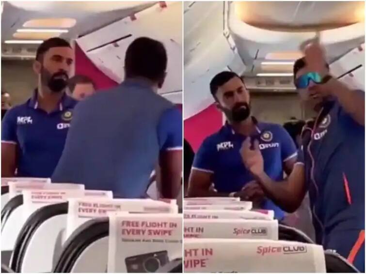 Ravichandran Ashwin giving batting tips to Dinesh Karthik on plane before t20 world cup 2022 see video Dinesh Karthik : 'प्रोफेसर' आश्विनने दिनेश कार्तिकला विमानात उभ्या-उभ्या दिल्या खास बॅटिंग टीप्स, सोशल मीडियावर व्हिडीओ व्हायरल