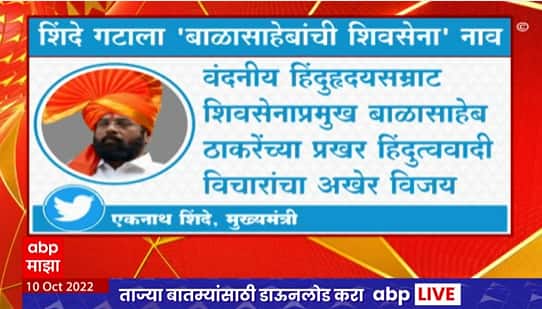 Eknath Shinde Tweet On Shiv Sena Symbol : 'बाळासाहेबांची शिवसेना' या नावावर प्रतिक्रिया