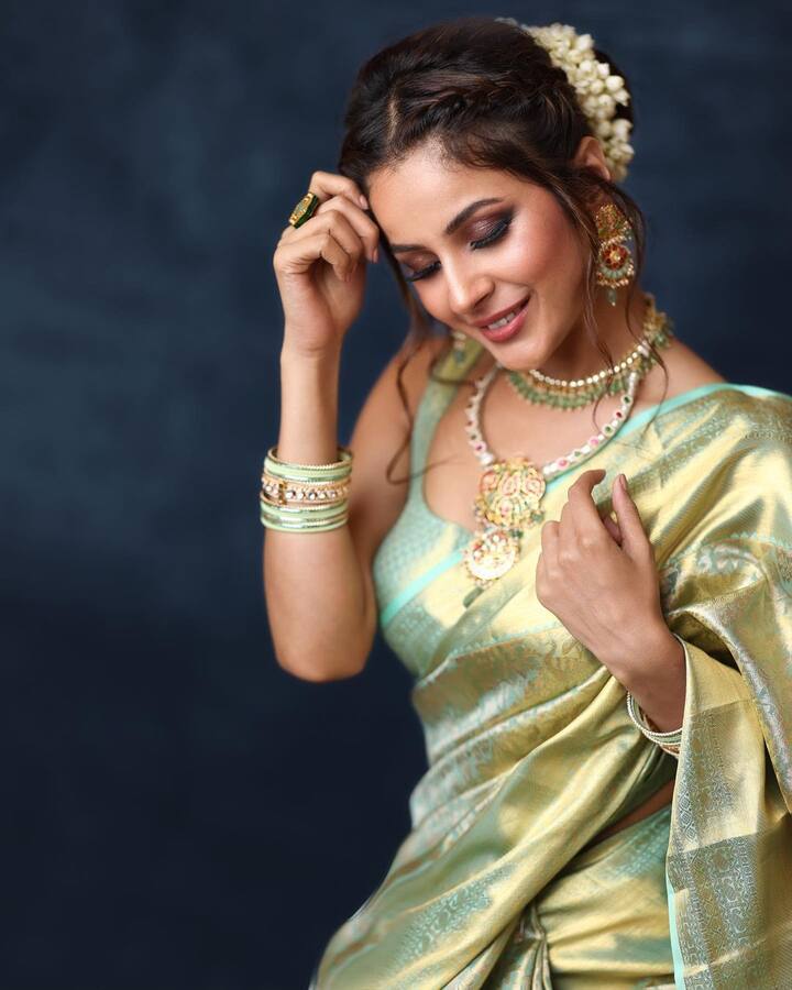 हिरव्या रंगाची कांजीवरम साडी, स्टोन ज्वेलरी आणि केसात गजरा अशा लूकमधील फोटो शहनाजनं शेअर केले आहेत.  (Shehnaaz Gill/instagram)