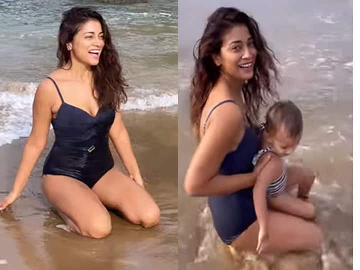 Drishyam 2 actress Shriya Saran beats the heat in Goa as she goes swimming with her daughter, see pics Shriya Saran: गोवा में बेटी और पति संग वेकेशन मना रही हैं श्रेया सरन, मोनोकिनी पहने समुद्र में करती दिखीं मस्ती