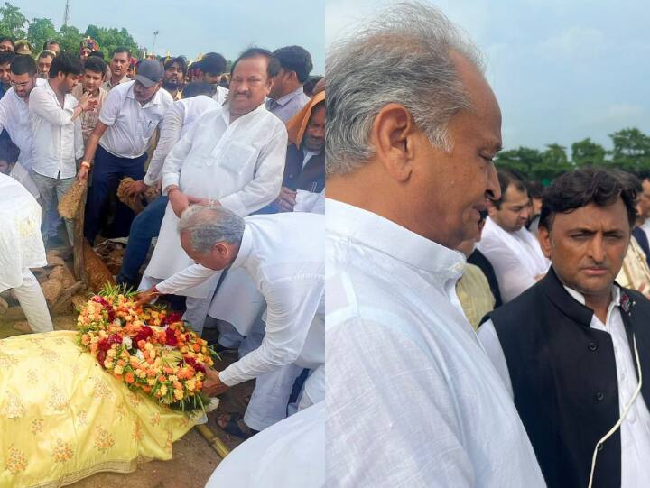 Rajasthan CM Gehlot attended the funeral of Mulayam Singh Yadav met Akhilesh Yadav ann Mulayam Singh Yadav Funeral: मुलायम सिंह यादव के अंतिम संस्कार में शामिल हुए सीएम गहलोत, अखिलेश से मुलाकात कर जताया शोक