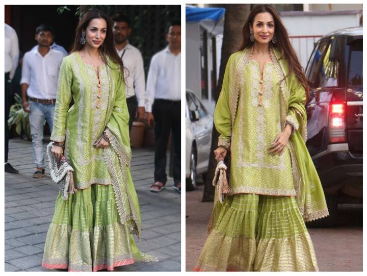 आजकल मेहंदी रंग काफी फैशन में है. करवाचौथ पर आप मेहंदी रंग का शरारा पहनेंगी तो खूबसूरत लगेंगी.