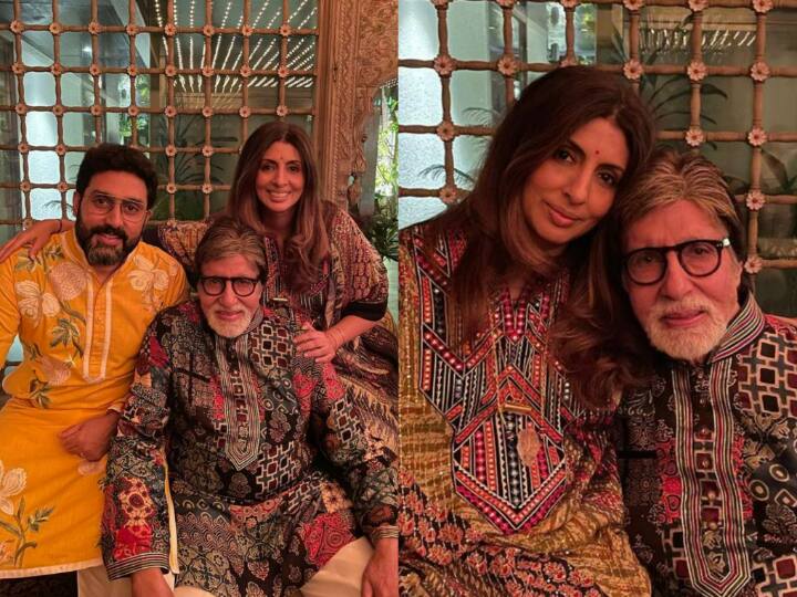 Amitabh Bachchan twinning with daughter Shweta bachachan on birthday party See Photos Amitabh Bachchan ने बर्थडे पर बेटी के साथ की Twinning, श्वेता ने फैंस को दिखाईं पार्टी की झलक