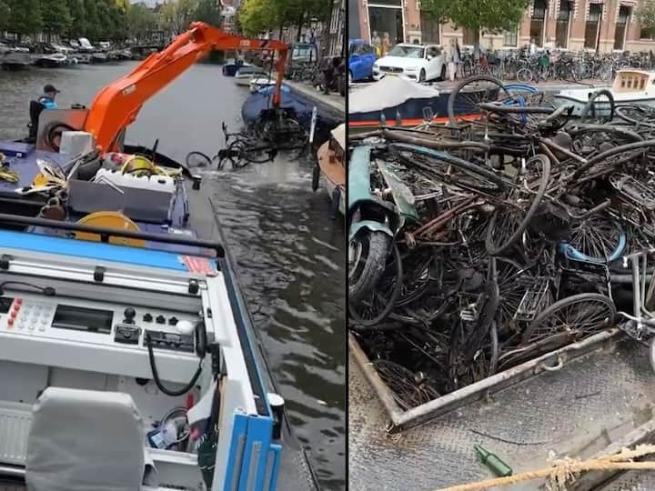 Watch video Dozens Of Discarded Bikes Pulled Out Of Canal During Cleaning In Amsterdam Watch Video: కాలువలో చెత్త తీద్దామనుకుంటే బైక్‌లు బయటపడ్డాయ్ - అక్కడ అంతేనట