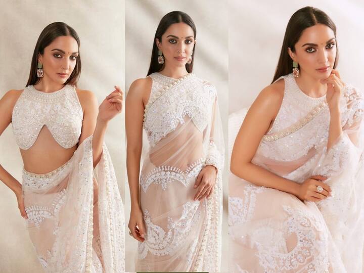 Kiara advani saree photos:  வெள்ளைநிற புடவையில் ஜொலிக்கும் கியாரா அத்வானி!