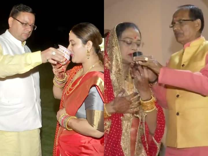 Karwa Chauth 2022: करवा चौथ का चांद दिखते ही व्रतियों ने चांद की पूजा की और फिर पति के हाथों जल ग्रहण कर व्रत तोड़ा. सीएम पुष्कर सिंह धामी, शिवराज सिंह चौहान सहित कई नेताओं ने पत्नियों संग पूजा की.