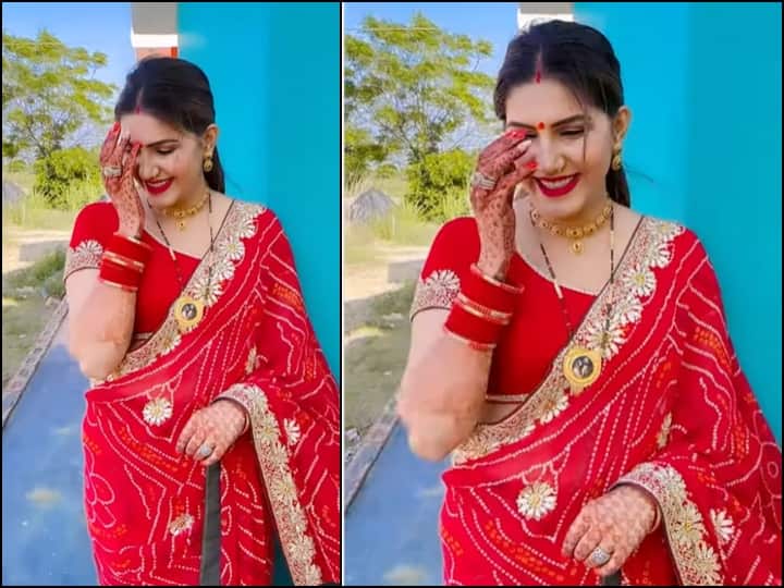 Karwa Chauth 2022 sapna Choudhary looks like a bride In red saree shares video Karwa Chauth पर लाल साड़ी पहने दुल्हन की तरह सजी नज़र आईं Sapna Chaudhry, अदाएं देख आप भी हो जाएंगी दीवाने