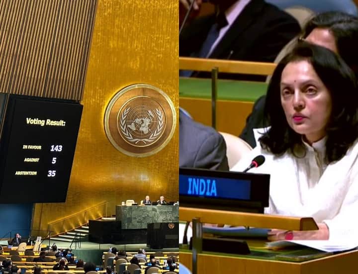UNGA passed a resolution condemning Russia  on occupation of 4 parts of Ukraine India stayed away from voting UNGA में रूस के खिलाफ निंदा प्रस्ताव पास, यूक्रेन के 4 हिस्सों पर कब्जे का 143 देशों ने किया विरोध, वोटिंग से दूर रहा भारत