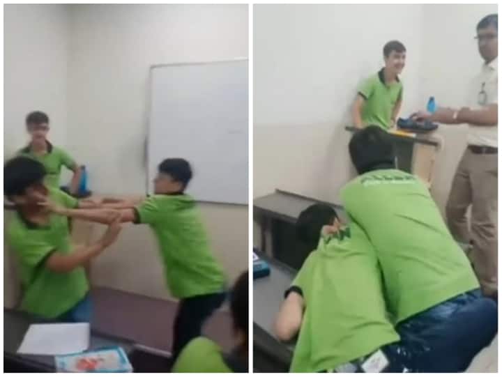 Video: कोटा में क्लास के अंदर आपस में भिड़े दो छात्र, जानें क्या है माजरा Two students are seen fighting with each other inside the class at Allen Institute Video: कोटा में क्लास के अंदर आपस में भिड़े दो छात्र, जानें क्या है माजरा