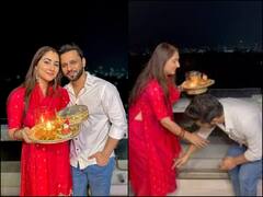 करवाचौथ पर व्रत खोलते ही पति राहुल वैद्य ने छुए पत्नी कै पैर, शरमा गईं सुर्ख लाल जोड़े में सजीं दिशा परमार