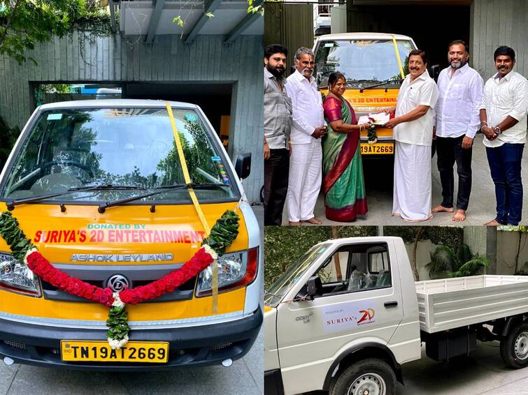 Suriya 2D Entertainment donated a modern vehicle to people of Kanathur sanitization work Actor Suriya: தூய்மை பணிக்கு நவீன வாகனம்...நன்கொடையாக வழங்கிய சூர்யாவின் 2D  நிறுவனம்