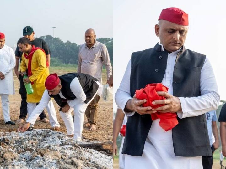 Akhilesh Yadav and shivpal yadav collect ashes of mulayam singh yadav, asthi visarjan in Haridwar ann UP News: चाचा शिवपाल के साथ नेताजी की अस्थियां इकट्ठा करते दिखे अखिलेश यादव, हरिद्वार में होगा विसर्जन