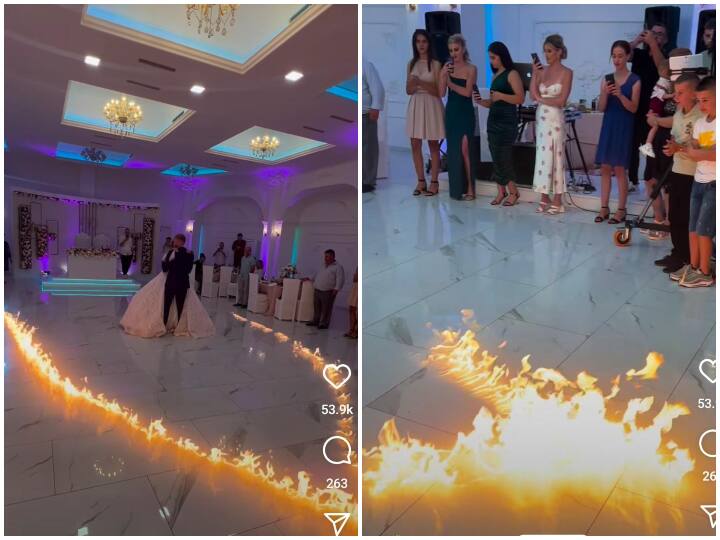 bride and groom dance surrounded by the fire amazed internet shocking wedding viral video आग के बीच डांस करते दिखे दूल्हा-दुल्हन, अजीबोगरीब Video देख बढ़ जाएंगी धड़कनें