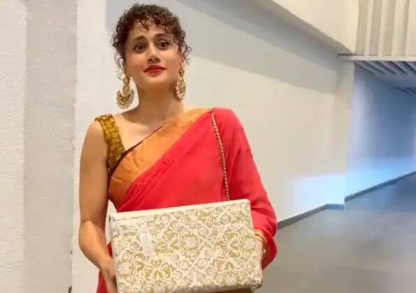taapsee pannu shares her saree look on pre diwali party for ayushmann khurrana Pics: હૉટ એક્ટ્રેસે સાડીમાં શેર કર્યો નવો લૂક, આ રીતે તૈયાર થઇને પહોંચી પ્રી-દિવાળી પાર્ટી સેલિબેશનમાં.....
