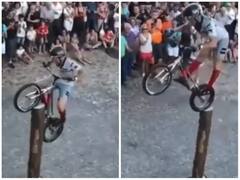 एक टायर के सहारे पोल पर खड़ी कर दी साइकिल, हैरतअंगेज स्टंट हुआ वायरल