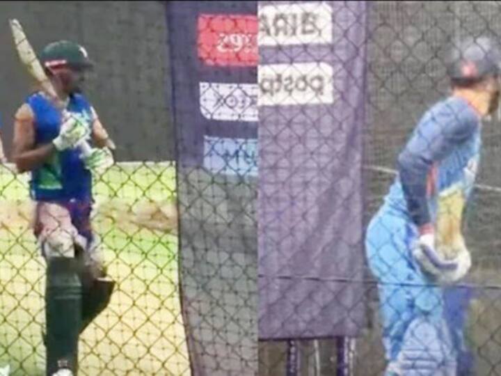 विराट कोहली जब नेट्स प्रैक्टिस कर रहे थे, तो बैटिंग कोच विक्रम राठौड़ थ्रो डाउन कर रहे थे. वहीं, भारतीय टीम के हेड कोच राहुल द्रविड़ नेट्स में विराट कोहली को लगातार गाइड कर रहे थे. (फोटो क्रेडिट- सोशल मीडिया)