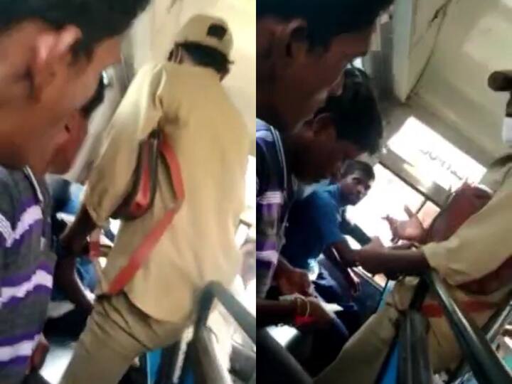 TSRTC conductor Beats passenger in Warangal District TSRTC ప్రయాణికుడిపై కండక్టర్ దాడి, బస్సులో యువకుడిని కాలుతో తన్ని అరాచకం