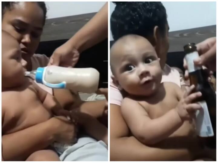 child was happy to see the bottle of beer video goes viral on social media Video: दूध नहीं बियर की बोतल देखकर खुश हुआ बच्चा, दिल जीत लेने वाले रिएक्शन दिए