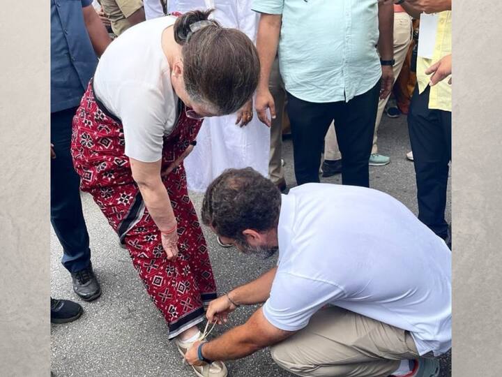 In a very special show of affection, Rahul Gandhi was seen tying the shoelace of his mother Sonia Gandhi. The moment was captured on camera when the Congress chief joined Rahul Gandhi in Karnataka. (Image Source: Congress)