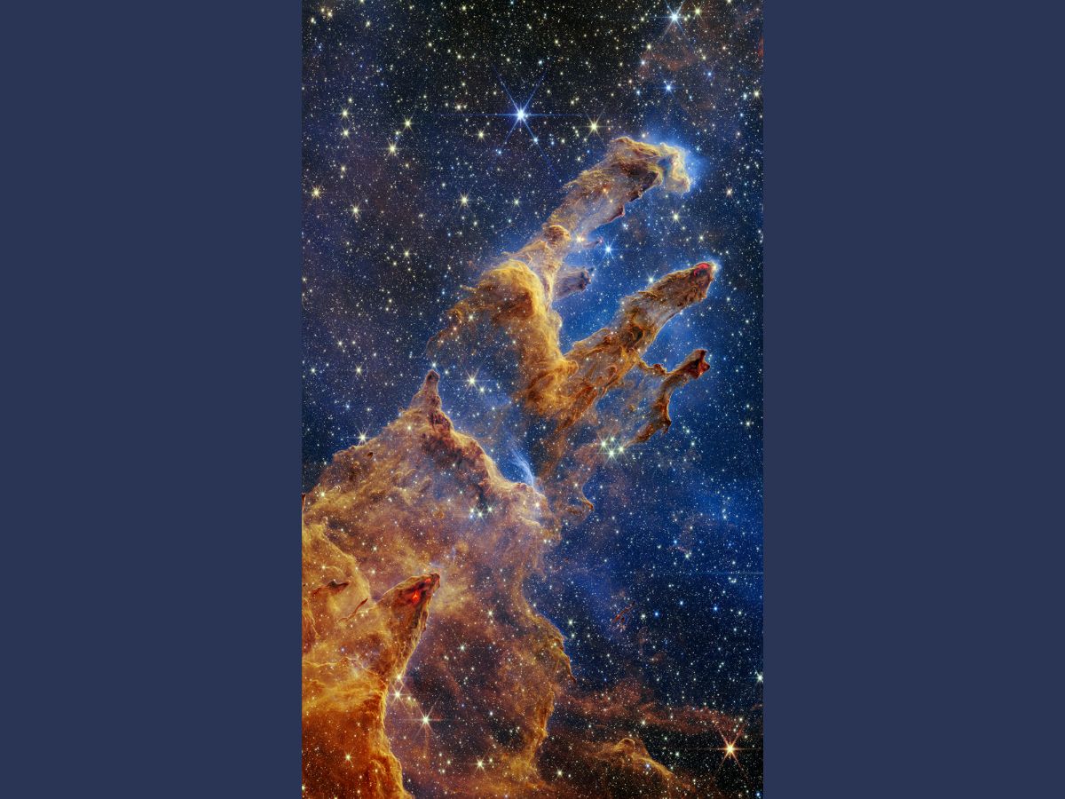 The James Webb Space Telescope's near-infrared light view has set off the Pillars of Creation in a kaleidoscope of colours. The pillars are filled with semi-transparent gas and dust, are ever changing, and look like arches and spires rising out of a desert landscape. The pillars are the region where young stars are forming. Some stars have barely burst from their dusty cocoons as they continue to form. Photo: NASA