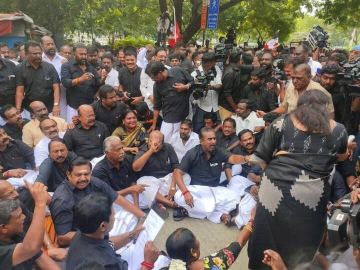The AIADMK leaders including Edappadi Palaniswami, SP Velumani, Sengottaiyan and SP Velumani dressed in black took to a sit-in protest