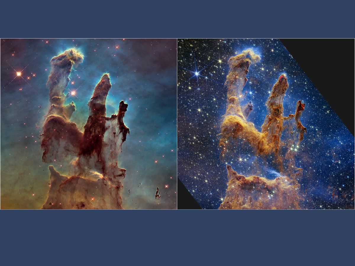 NASA's Hubble Space Telescope first captured the Pillars of Creation in 1995, and revisited the cosmic marvel in 2014. During its second visit, Hubble revealed a sharper, wider view of the Pillars of Creation in visible light (left). The near-infrared light view from Webb (right) helps the world peer through more of the dust in the star-forming region. In Webb's image, the thick, dusty brown pillars do not appear opaque, and many more red stars that are still forming are visible. Photo: NASA