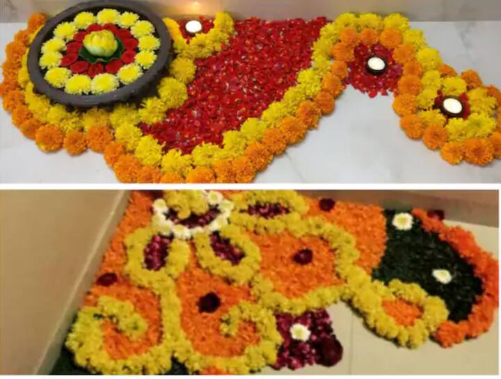 झेंडूच्या फुलांचा आणि गुलाबांच्या पाकळ्यांचा वापर करुन तुम्ही ही रांगोळी काढू शकता. यामध्ये तुम्ही वॉटर पॉटचा वापर करु शकता.