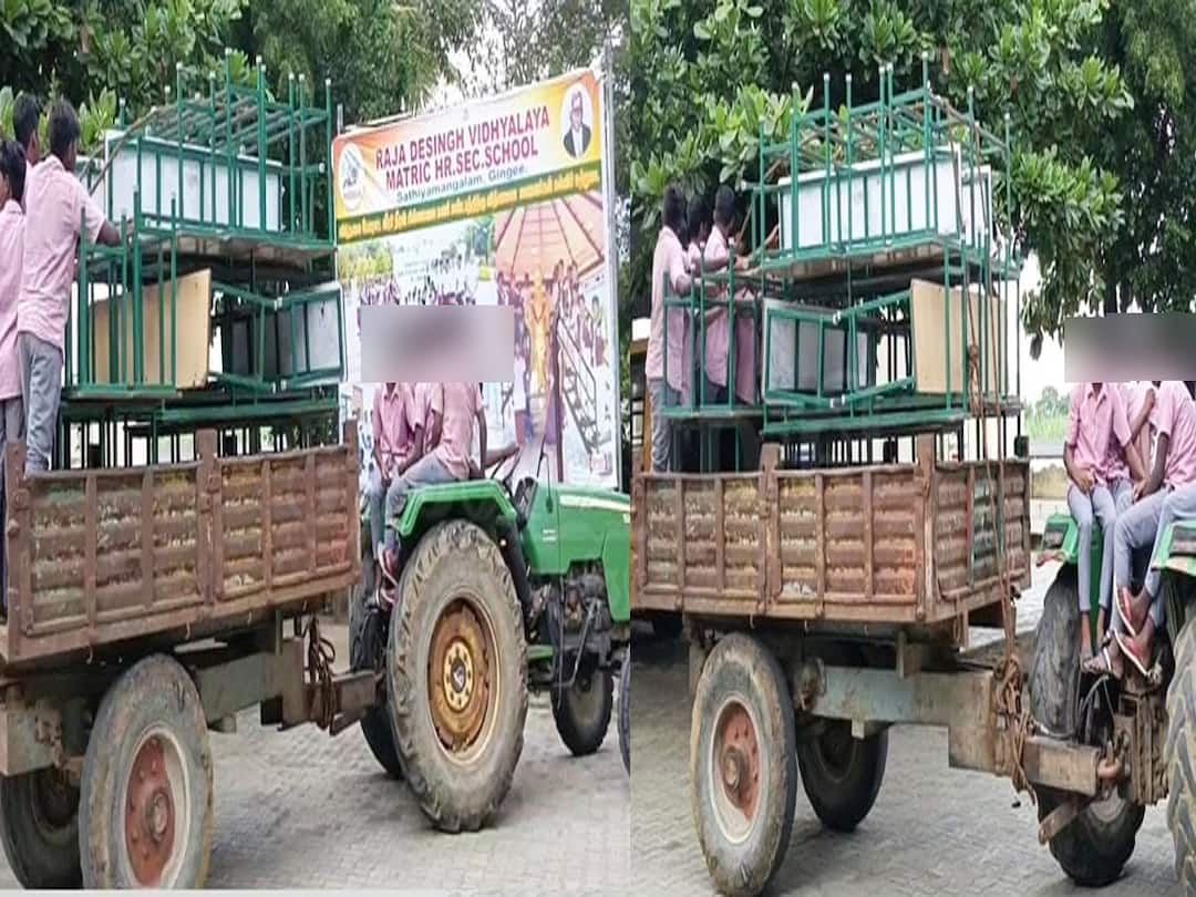 மாணவர்கள் ஆபத்தான நிலையில் டிராக்டரில் பயணம் - தலைமை ஆசிரியர் பணியிடை நீக்கம் Two teachers, including the headmaster, were fired for making school students ride dangerously on a tractor TNN மாணவர்கள் ஆபத்தான நிலையில் டிராக்டரில் பயணம் - தலைமை ஆசிரியர் பணியிடை நீக்கம்