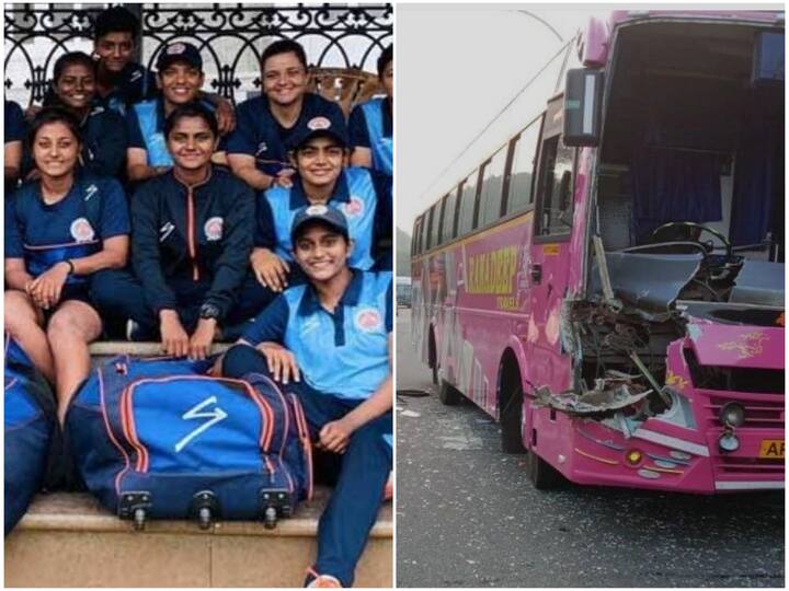 5 injured as Baroda women cricket team bus collides with truck in Vizag pic surfaces Accident : கிரிக்கெட் வீராங்கனைகள் சென்ற பேருந்து விபத்து..! அச்சச்சோ.. என்னாச்சு..?