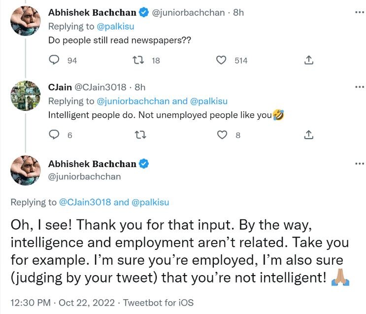 ट्विटर पर यूजर ने Abhishek Bachchan को कह दिया बेरोजगार, एक्टर ने अपने जवाब से ट्रोल की ही कर दी ट्रोलिंग!