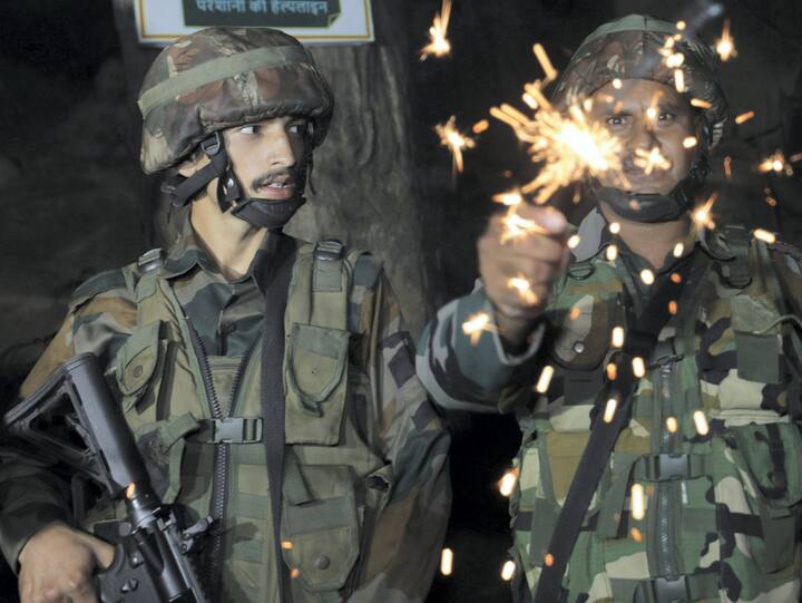 Indian Army soldiers posted along the Line of Control (LoC) in Jammu and Kashmir's Akhnoor sector celebrated Diwali by lighting oil lamps. The Jawans also extended their wishes to all the countrymen.