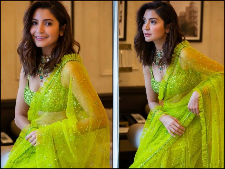 Anushka Sharma Diwali Look: दिवाली पर अनुष्का शर्मा (Anushka Sharma) ने ग्रीन नेट साड़ी में तस्वीरें शेयर की हैं, जिनमें वो बेहद ही खूबसूरत दिख रही हैं.