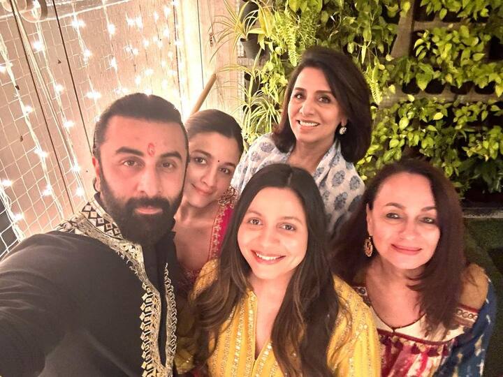 Ranbir Kapoor and Alia Bhatt were joined by their moms Neetu Kapoor and Soni Razdan for their first Diwali festivities after their wedding. (Image: Instagram)