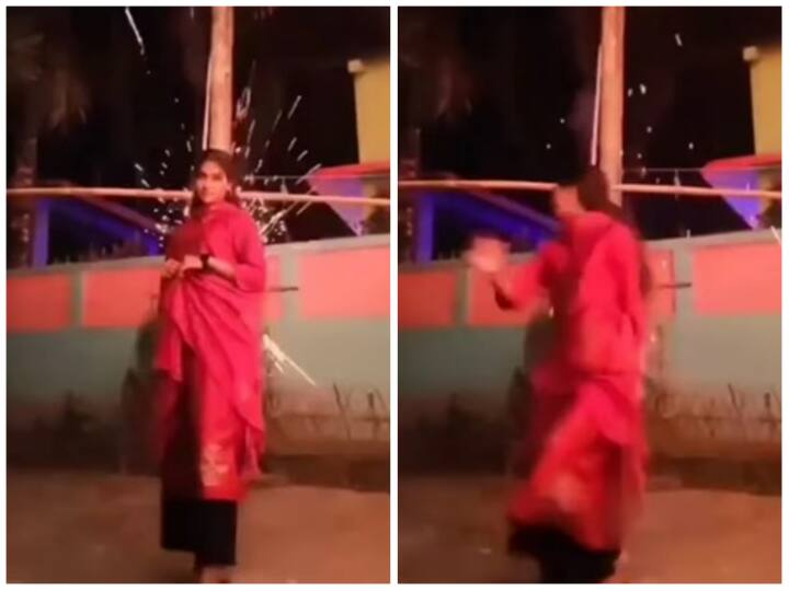 Woman frightened by sound of firecrackers while taking photos on occasion of Diwali Video: फोटो लेते समय हुआ धमाका, पटाखे की आवाज से डर गई महिला