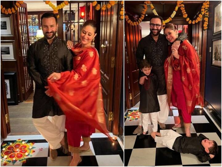 Kareena Kapoor Khan and Saif Ali Khan celebrated Diwali with sons Taimur and Jeh see pics Kareena Kapoor और सैफ ने दोनों बेटों के साथ रॉयल अंदाज में मनाई दिवाली, फर्श पर लेटकर रोते दिखे जेह बाबा!