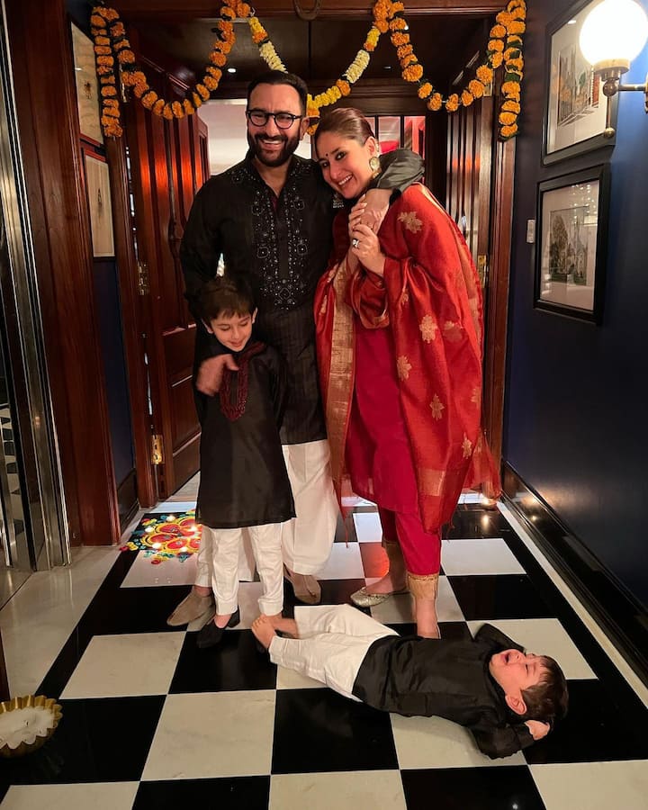 In one of the pictures, while Kareena, Saif and Taimur pose for the camera, Jehangir is seen throwing tantrums and lying down on the floor.  (Image: Instagram)
