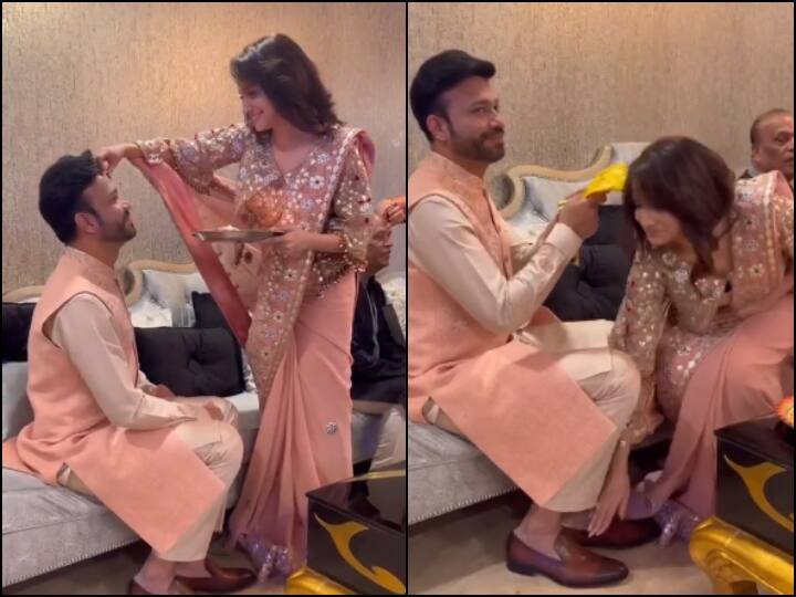 ankita lokhande touches feet of husband vicky jain while celebrating gudi padwa watch video पड़वा पर Ankita Lokhande ने जीता ससुराल वालों का दिल, छुए पति विक्की जैन के पैर