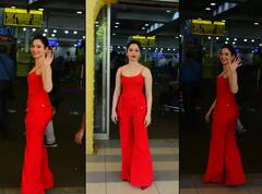 Tamannaah Pics: રેડ લૂકમાં એરપોર્ટ પર સ્પૉટ થઇ તમન્ના ભાટિયા, જુઓ તસવીરો