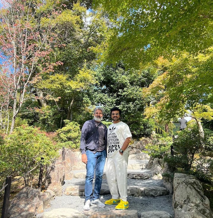 Ram Charan took to social media to share photo with his director and the man behind it all, SS Rajamouli. (Image: Instagram)