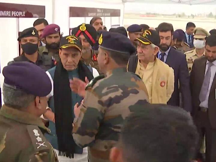 Jammu and Kashmir Lieutenant Governor Manoj Sinha was also present at the programme. Earlier, Rajnath Singh visited an exhibition by the Indian Army at the occassion. (Source: ANI)