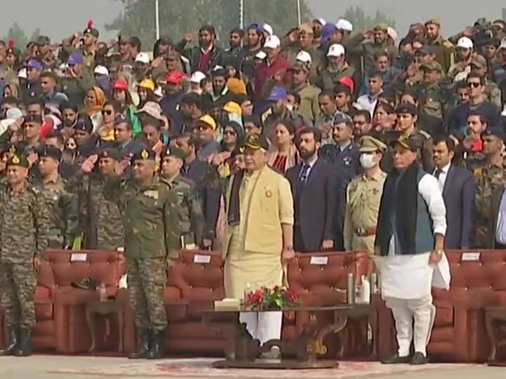 To observe the 76th Infantry Day, Defence Minister Rajnath Singh on Thursday attended the 'Shaurya Diwas' programme organised by the Indian Army in Budgam. (Source: ANI)
