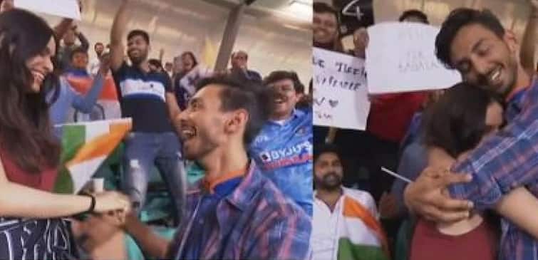 T20 World Cup 2022 India Fan Proposes to his girlfriend IND vs NED T20 WC Match Video Goes Viral- Watch IND vs NED T20 World Cup: લાઇવ મેચ દરમિયાન ભારતીય યુવકે ગર્લફ્રેન્ડને કર્યું પ્રપોઝ, ICCએ શેર કર્યો વીડિયો