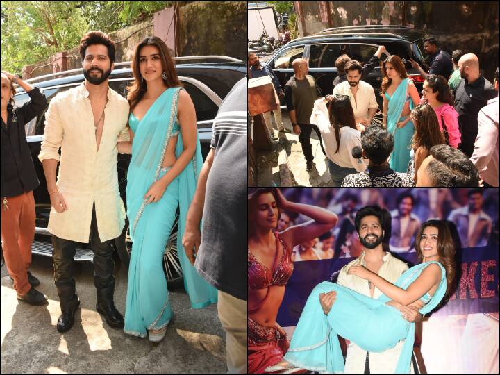 Kriti Sanon Varun Dhawan Song Launch Photos: बॉलीवुड एक्ट्रेस कृति सेनन और वरुण धवन अपने गाने ‘ठुमकेश्वरी’ के लॉन्च में ट्रेडिशनल लुक में नजर आए.
