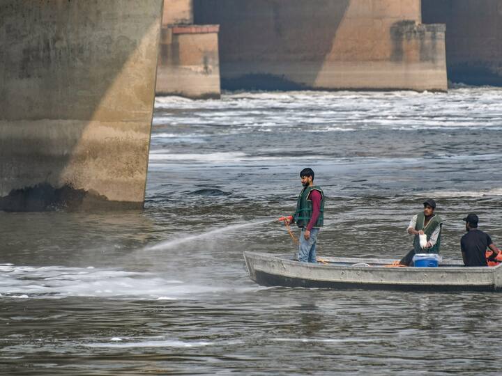 Every year the issue of toxic foam floating in the polluted waters of Yamuna river becomes a subject of political debate as devotees in Delhi take a dip in the polluted river as a part of 'Chhath Puja' celebrations. (PTI Photo)