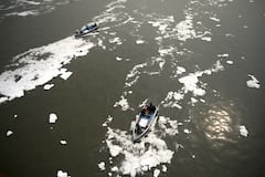 Chemical Sprayed On Toxic Foam In Yamuna River Ahead of Chhath Puja — IN PICS