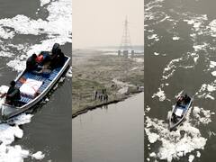 Chemical Sprayed On Toxic Foam In Yamuna River Ahead of Chhath Puja — IN PICS