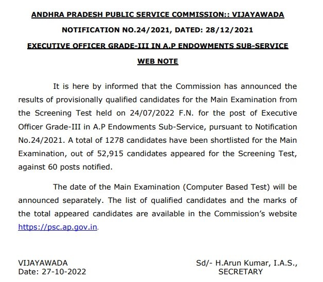 APPSC EO Result: దేవాదాయశాఖ ఈవో పోస్టుల పరీక్ష ఫలితాలు విడుదల, ఫైనల్ కీ కూడా వచ్చేసింది!