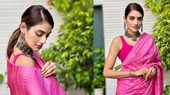 গোলাপি শাড়িতে স্নিগ্ধতা, নতুন সাজে নজরকাড়া নুসরত জাহান